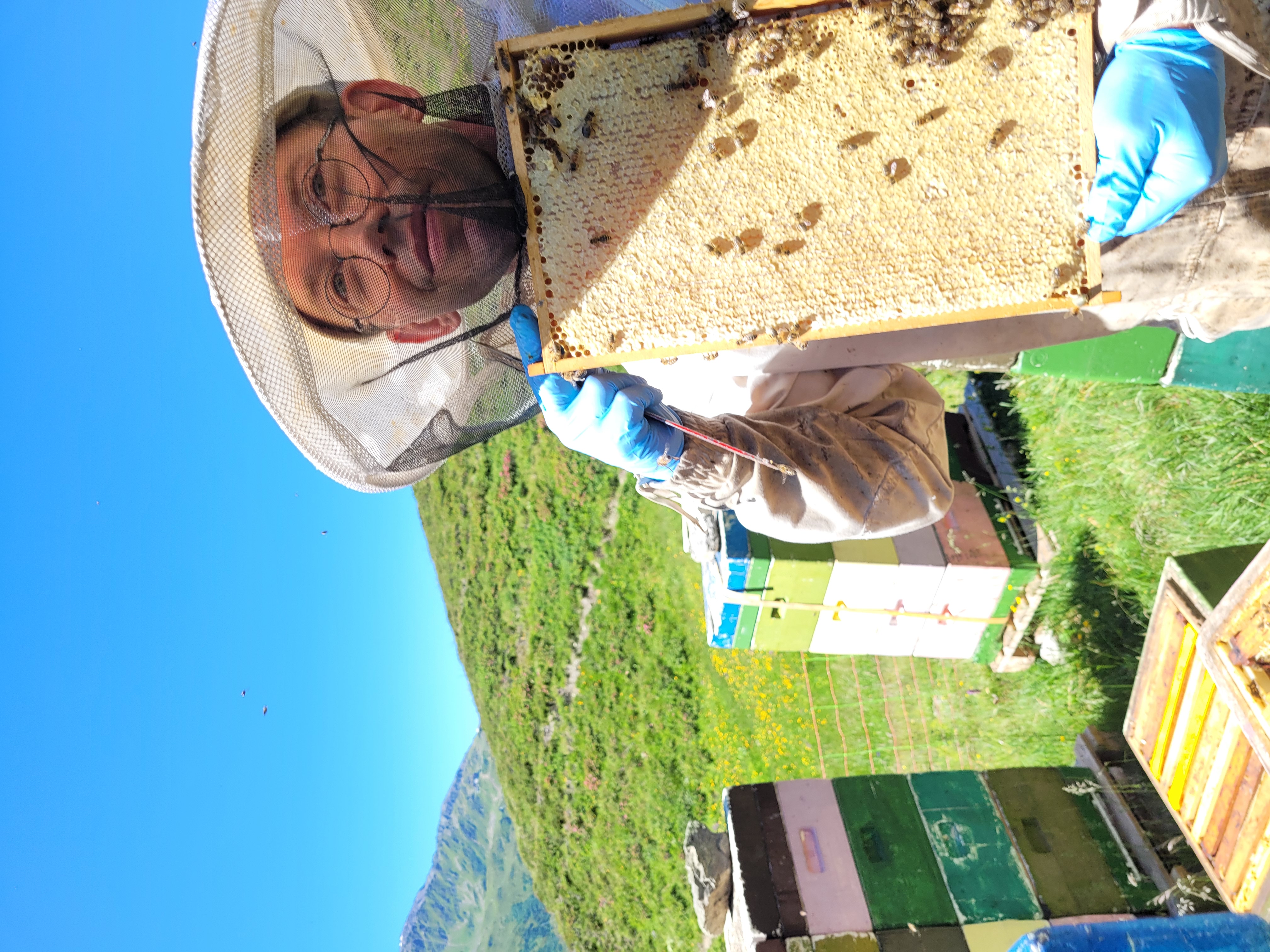 Andrey mit verdeckelter Honigwabe auf der Alp